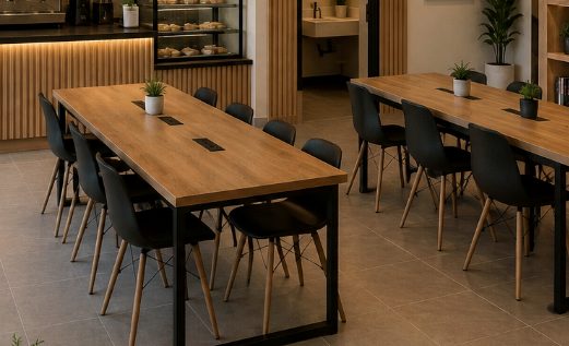 Modern coworking area with desks and greenery