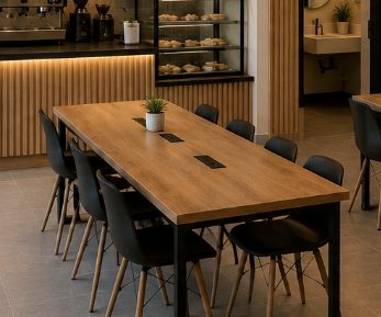Laptop and coffee mug on a wooden desk