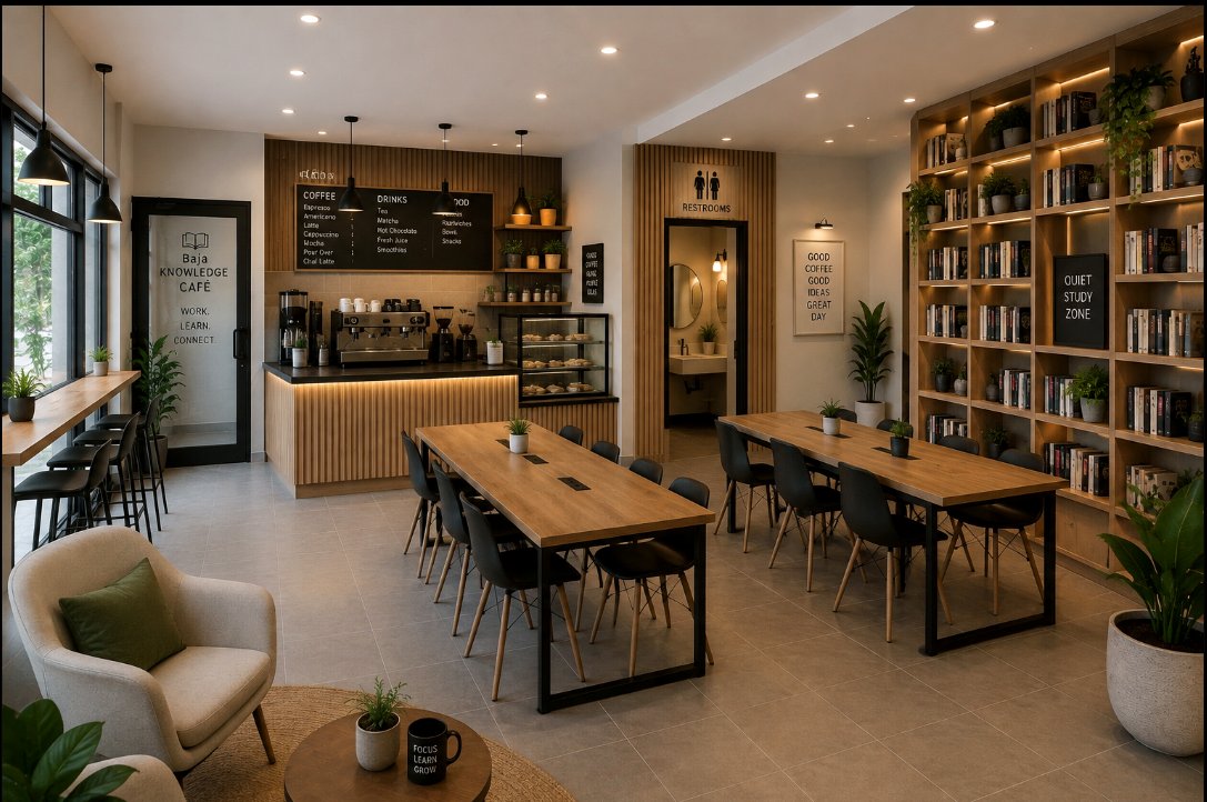 Bright, plant-filled café workspace with people working on laptops near large windows